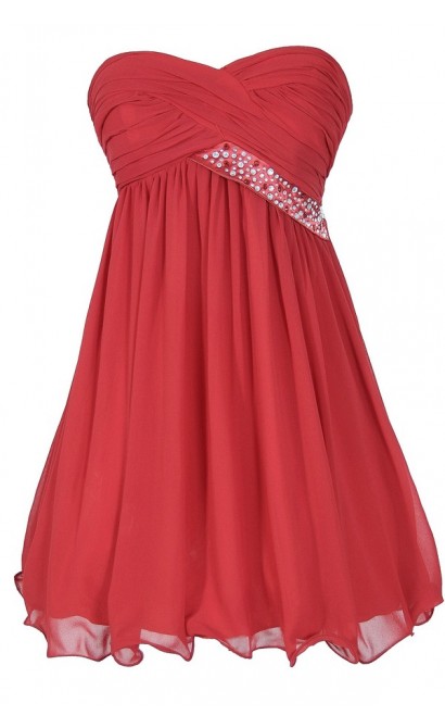 Trail of Stars Embellished Pleated Chiffon Party Dress in Red
